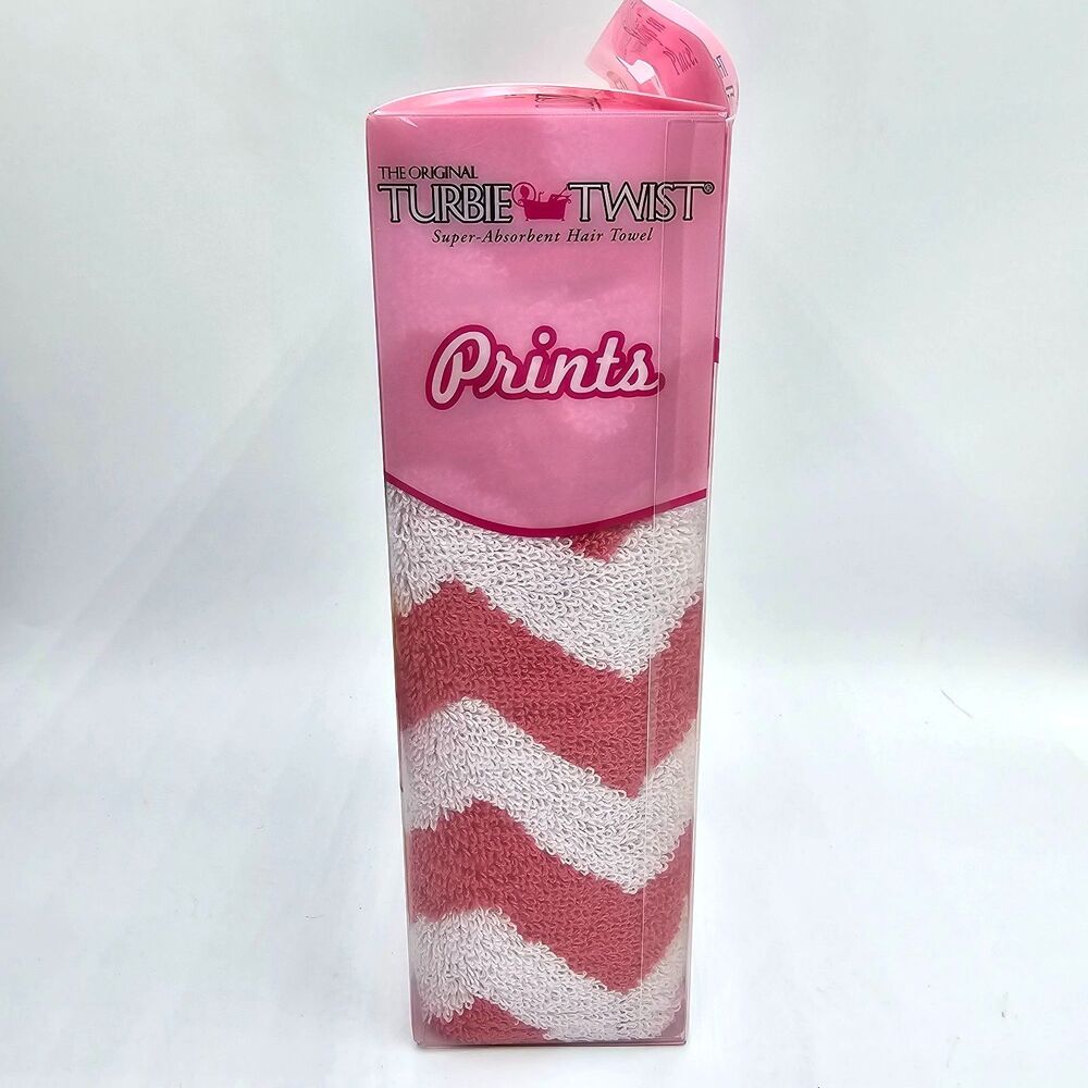 Turbie Twist Hair Towel 2 Pack 100% Cotton Pink Chevron White Quick Dry NWT - Picture 3 of 7